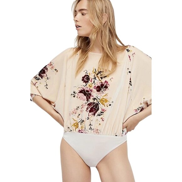 Free People Tops - Free People Intimately Babe Bodysuit Size Small Velvet Floral Slouchy Beige Bohe